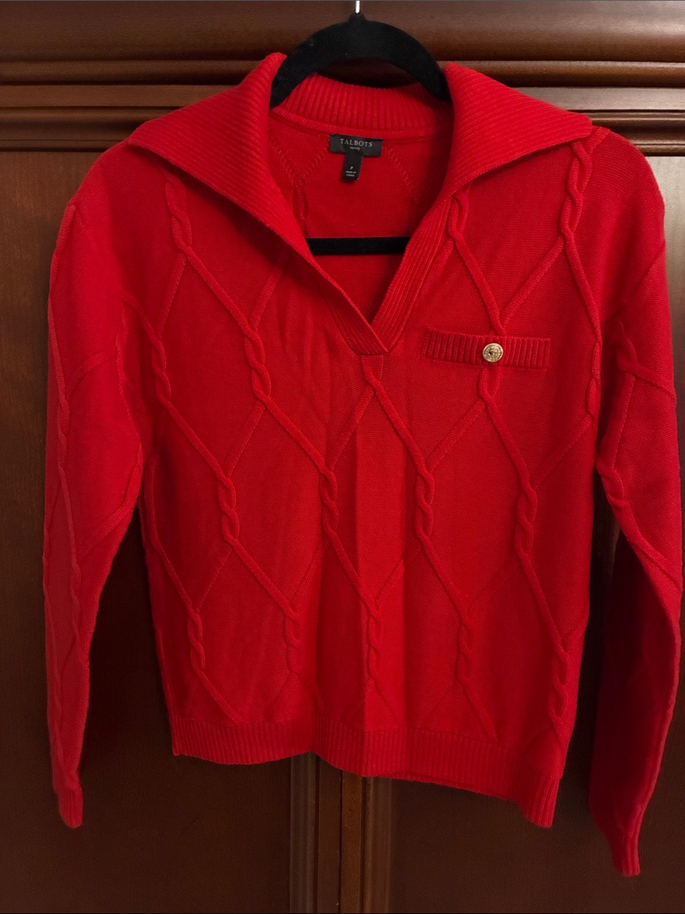Talbots Bright Red Cable-Knit V-Neck Sweater with Gold Button